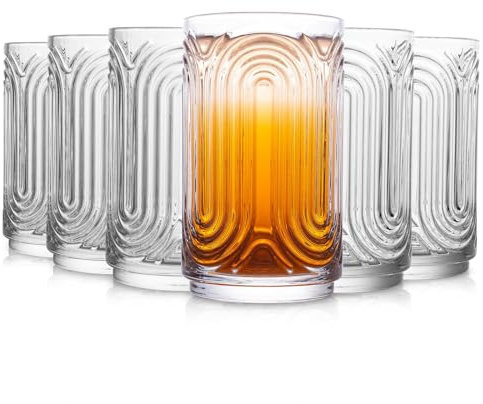 INSETLAN Set of 6 Vintage Glassware - 415ml(14 oz) Ripple Drinking Glasses, Art Deco Glassware Highball Glass Cup, Classic Thick Bottom Cocktail Glasses, for Bar Beverages Ice Coffee Water Juice