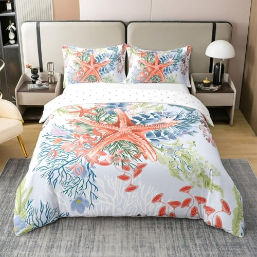 100% Cotton Watercolor Ocean Animals Duvet Cover King Size,Colorful Starfish Underwater Flowers Coral Bedding Set (Not Comforter),Summer Seaside Camping Coastal Plants Comforter Cover Bedding 3 Piece