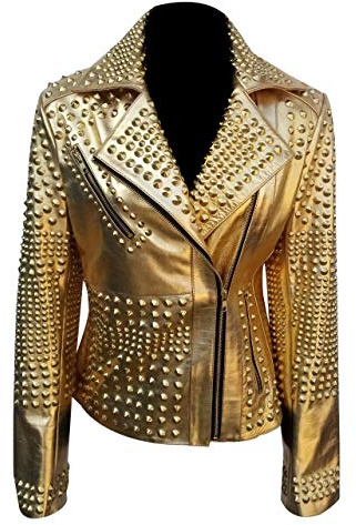 SpazeUp Women's Gold Metallic Studded Jacket - Genuine Leather Motorcycle Jacket - Handmade Brando Punk Rock Jacket, Large, Golden