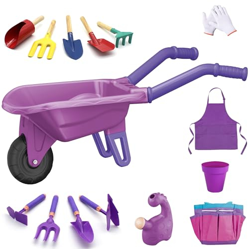 fisca 15 PCS Kinder Garten-Set, Kleinkind Gartengeräte-Set Spielzeug, Inklusive Schubkarre, Pflanzer, Aufbewahrungstasche, Harke, Gabel, Kelle, Schürze, Jungen Mädchen Outdoor-Spielzeug