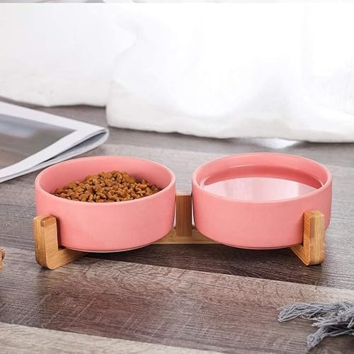 Bol Double en céramique pour Chiens et Chats, gamelle Durable pour Nourriture et Eau, récipient élégant et Pratique (Rose)