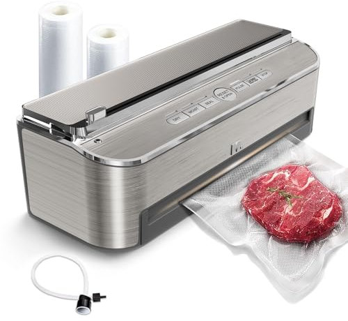 Mesliese Vacuum Sealer Machine, 85kPa 120W Automatic Food Sealer, Powerful Sealing System, Build-in Cutter | Bags Storage | Moist Mode and Air Suction Hose | 2 Bag Rolls and 5pcs Bags (Silver)