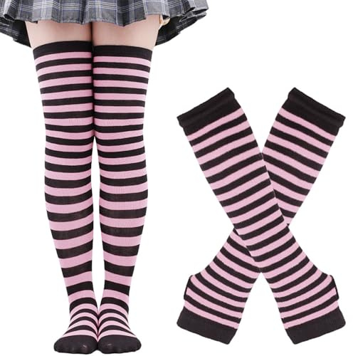 Set di Guanti e Calze a Righe per Donne, Calze a Righe al Ginocchio Alte Calze Guanti Senza Dita, Calzini Alti Scaldamuscoli e Guanti Senza Dita (IT, Testo, Taglia unica, Regular, Regular, Rosa)