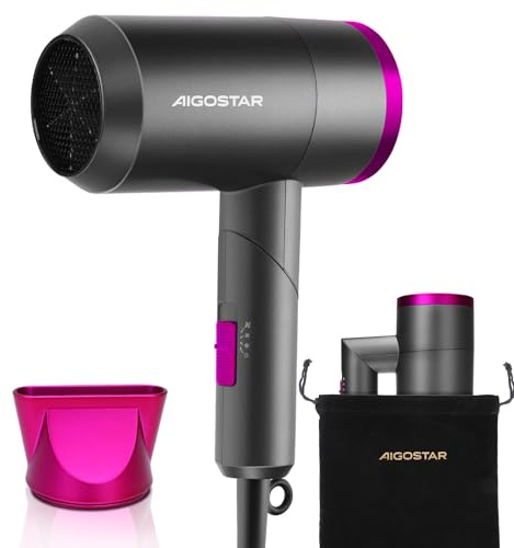 Aigostar Foldable Ionic Hair Dryer 1800W, Portable Travel Blow Dryer with Concentrator & Storage Bag, 2 Heat Settings & Cool Shot, Compact Lightweight Hairdryer for Home, Gym & Holiday - Diane