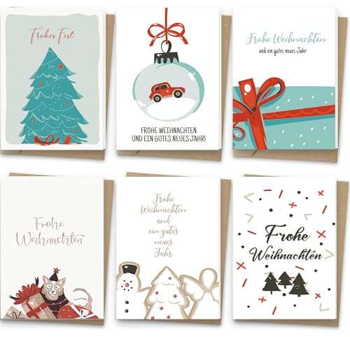 Weihnachtskarten Set 36 - Premium Weihnachtskarten mit Umschlag Set – Kleine Weihnachtskarten Klappkarten A6 – Karten Weihnachten Grußkarten mit hellen und lustigen Designs, Postkarten für Weihnachten
