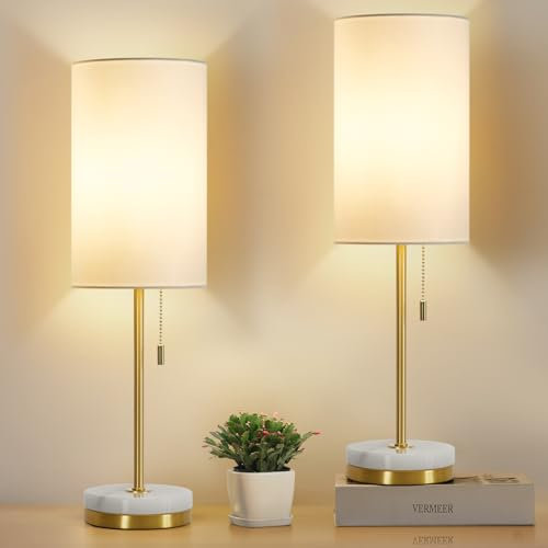 GyroVu Bedside Lamps Set of 2, Minimalist Table Lamp with Pull Chain, Modern Nightstand Lamp with Marble Base, Gold Table Lamp for Bedroom Living Room Office