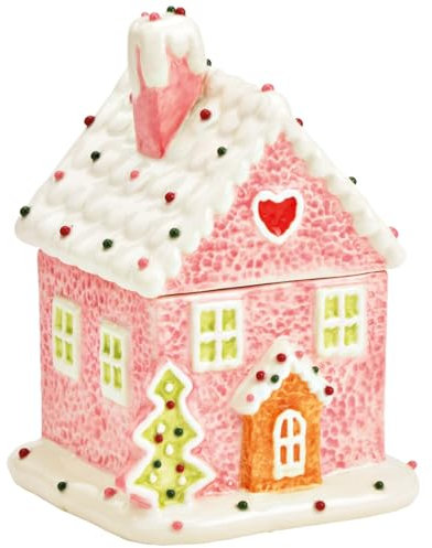 Vorratsdose Lebkuchenhaus aus Keramik 11 x 15 cm - Weihnachtliche Aufbewahrungsdose für Kekse & Süßigkeiten mit Deckel - Weihnachtsdose Keramikdose als Weihnachtsdeko, Tischdeko & Weihnachtsgeschirr