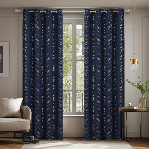Deconovo Vorhäng mit Ösen Blickdichte Gardinen Wohnzimmer Dicke Thermovorhang Kälteschutz Thermogardine mit Linienmuster, 180x140 cm(HöhexBreite), Dunkelblau, 2er Set