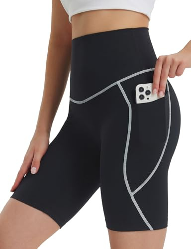 baleaf Cykelbyxor för kvinnor, superhög midja, 20 cm, gymshorts med fickor, sportbyxor, kort, sommar, push-up, slim, fitness, sportleggings, Svart + vit, L