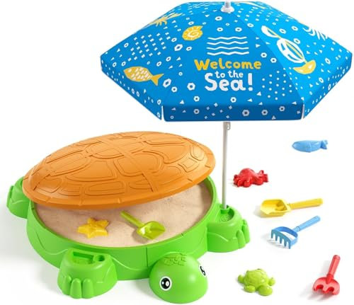 HYES Schildkröten Sandkasten mit Abdeckung, Sandboxen mit Sonnenschirm, 8 PCS Sandschaufel Strandspielzeug, Sandkasten mit Deckel, Sandspielzeug Gartenspielzeug Sommerspielzeug für Kinder 3-5