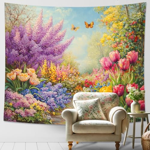 Tapiz de jardín con flores, colgante de pared floral violeta para decoración de primavera, tapiz estético bohemio para sala de estar, dormitorio, decoración de naturaleza brillante, 60 x 40 pulgadas