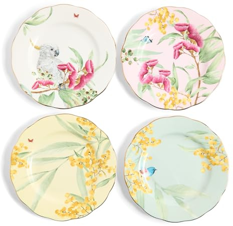 Royal Albert Miranda Kerr Australiana - Set di 4 piatti in porcellana fine, motivo floreale con uccelli nativi