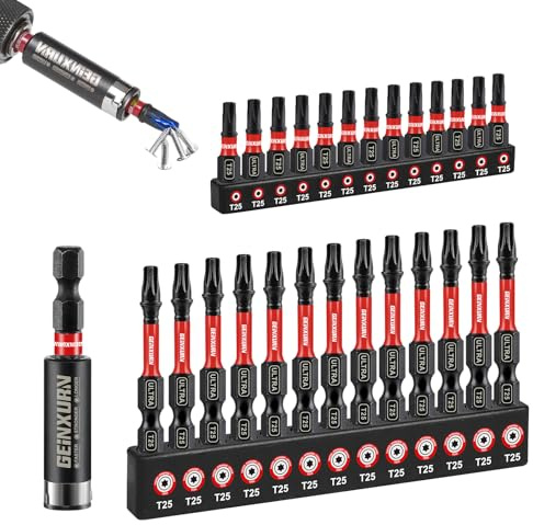 GEINXURN Torx Lot de 26 Embouts de Vissage aux Chocs T25 25mm 50mm, Jeu d'embouts Magnétique pour Visseuse Tournevis Tige Hexagonale 1/4 S2 en Acier Allié avec 1 Porte-embout de 60mm, Code Couleur