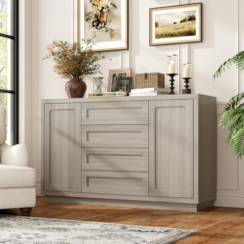 Sideboard mit 4 Schubladen, 2 Türen und 4 Fächern, Anrichete, Aufbewahrungsschrank, Wohnzimmerschrank, Sideboard mit verstellbaren Einlegeböden, Graue Holzmaserung, Modern, MDF, 140 x 40 x 86 cm