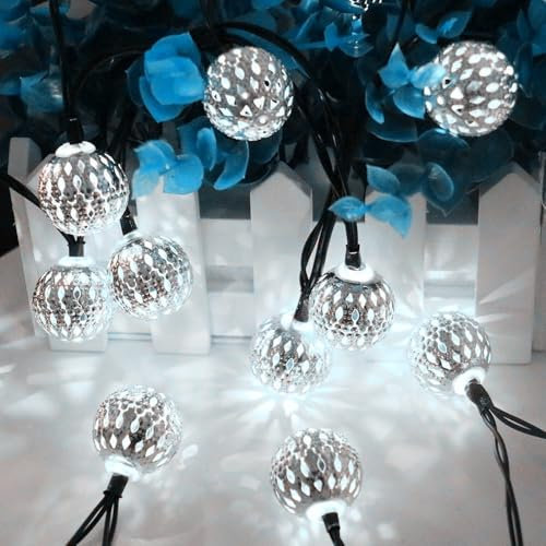 SHANJIA Cadena De Lámparas Esféricas LED, 3.2m 30LED Guirnalda de luces LED tipo globo funciona con pilas, para interiores, dormitorios, fiestas, cumpleaños, decoración de árbol de (Blanco, Dorado)