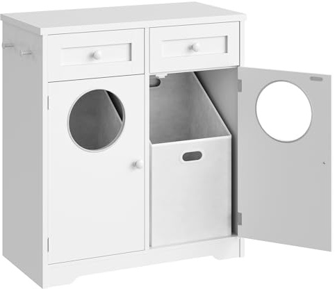 HOOBRO Double Laundry Hamper Cabinet, Hidden Laundry Cabinet with 2 Drawers & 2 Baskets, 20 Gallon Farmhouse Bathroom Laundry Hamper with 2 Clothes-Toss Holes, White WT36XY01