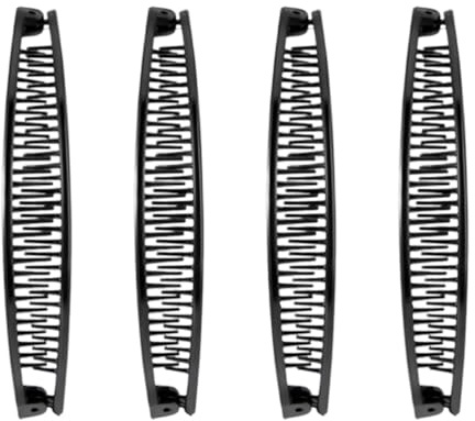 Paquete de 4 pinzas para el cabello en forma de banana negras. Estilo retro, adecuado para todos los tipos de cabello. Fija bien, ideal para peinados simples. Fácil de usar, práctico y elegante.
