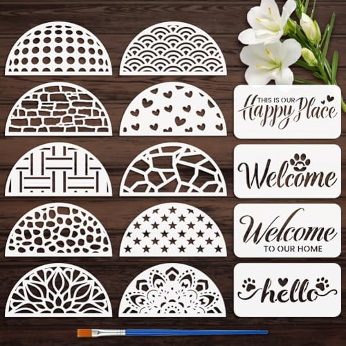 FINGERINSPIRE 14 Stück Malschablone Für Türhänger Mit Pinsel 30x15cm Willkommen Hallo Zeichenvorlage Steintexturen Herzen Sterne Mandala Schablone Zum Malen Auf Holz Wänden Stoffen Und Möbeln
