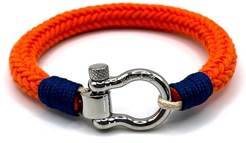 KAROO EARTH JEWELLERY Nautical Rope Bracelet, Premium Orange with Blue Detail, Stainless Steel Shackle, 21 cm (21cm (Medium))