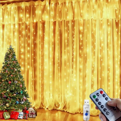 Curtain Fairy Lights, 3Mx2.7M 300LED Curtain Lights Indoor Hanging Fairy Lights with 8 Modes Remote Control, Warm White Christmas String Lights for Bedroom, Window, Wall, Home Decorations, Outdoor