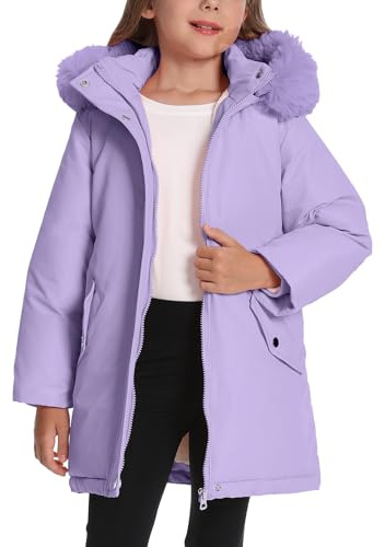 FEOYA Girls Parka Jacket Quilted Padded Long Coat Warm Winter Long Sleeve Zip Puffer Jacket Long Sleeve Windproof Outdoor Outwear Purple 3-4 Years