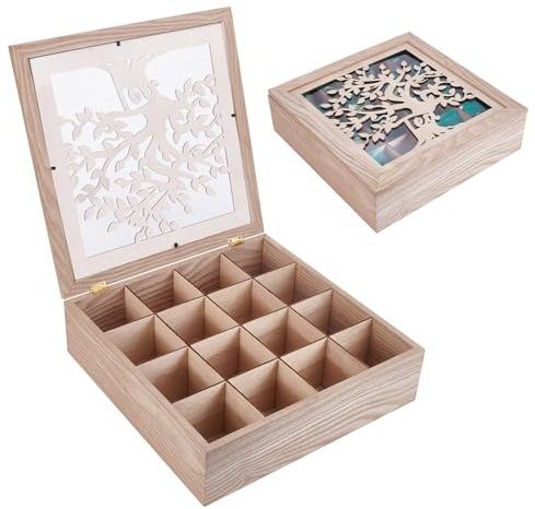 UNICRAFTALE Boîte à Thé en Bois Organisateur de Sachets de Thé Support de Sachets de Thé 16 Compartiment Creux Arbre de Vie Organisateur de Thé Support de Sachets de Thé Organisateur 32x32x9.1cm