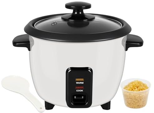 Everypan Essentials 400W Rice Cooker, 1L (5 Cups), Non-Stick Inner Pot, Glass Lid with Steam Vent, Cook and Warm Functions, Includes Measuring Cup, Spatula & Detachable Power Cord (1 Litre)
