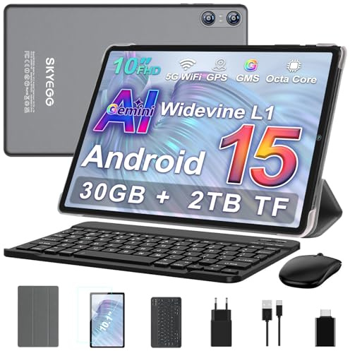 SKYEGG Tablet 10 Pulgadas Android 15 con Gemini AI, 30 GB RAM + Ampliable 2 TB ROM, Octa-Core, Widevine L1, WiFi 5G, BT 5.0, Cámara 8 MP + 5 MP, Batería 6000 mAh, con Teclado, Ratón y Funda – Gris