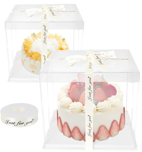KTCINA 2Pcs Clear Cake Boxes with 30m Ribbon, 12x12 Inch Large Cake Carrier Box with Lids Transparent Gift Box Pre Folded Cakes Packaging Boxes S For Birthday, Wedding and Festival Party