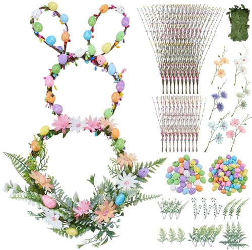 INFUNLY 20 Set Easter Wreath Craft Kit 24 Inches Bunny Shaped Grapevine Wreath DIY Festival Front Door Garland with Pastel Eggs Hanging Floral Wreaths for Home Window Wall Holiday Party Decor