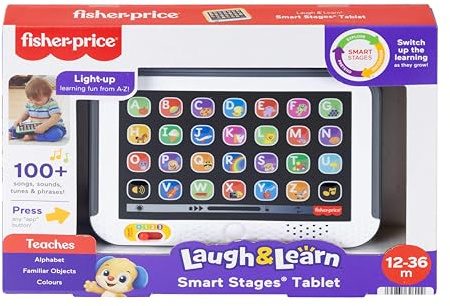 Fisher-Price Laugh & Learn Smart Stages Tablet Musical Toy, UK English | Pretend Computer, 100+ Educational Songs & Phrases, 28 Buttons, Infants & Toddlers Ages 1+ Years, JNH90