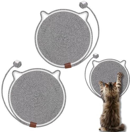 Klösmatta för katt, naturligt bomullsrep, 2 stycken klöspapper, katt, grå, rund klösbräda, med bomullskula, leksak, för möbelskydd, kattklöskuddar för inomhus, katter