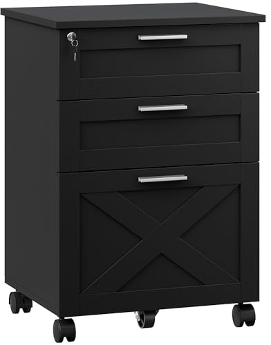 Litake Schubladenschrank, Rollcontainer, mobiler Aktenschrank, Metallschrank, Druckertisch, abschließbar, 3 Schubladen, Büro, Homeoffice,Zuhause und Büro 48x40x68cm, MDF,Schwarz