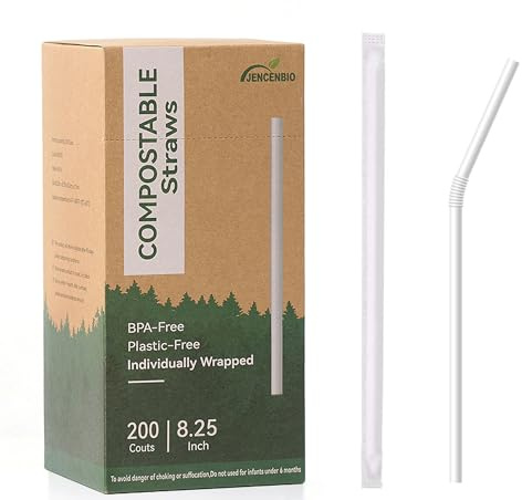 JENCENBIO 200 PCS Individually Wrapped Compostable Flexible Straws Compost Drinking Straw for Party Travel Home Events(White Bendy)
