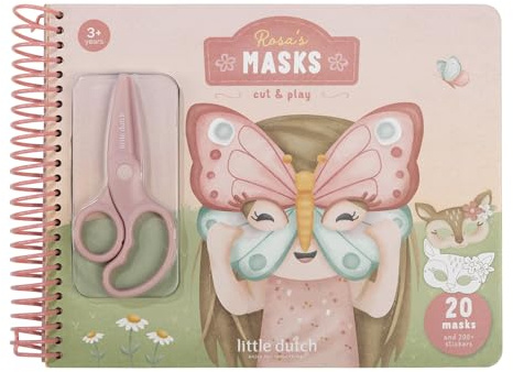 Little Dutch Bastelbuch inklusive Kinderschere und Aufklebern - für Kleinkinder ab 3 Jahren - mit Tier Motiven zum Ausschneiden und Basteln - Rosa's Masks