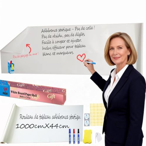 Rouleau de papier pour tableau blanc effaçable à sec, alternative au tableau blanc sans colle, autocollant statique pour mur, verre, école et bureau | Papier effaçable à sec portable facile à