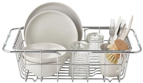 LLHONG Expandable Dish Drying Rack and Utensil Cutlery Holder, Over Sink Drainer Rack， Kitchen Sink Basket Stainless Steel for Washing and Draining Vegetables, Fruits, Plates, Bowls, Cups