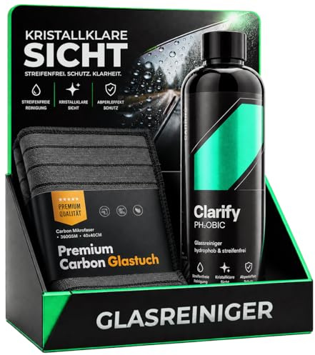 Glasreiniger Auto und Versiegelung Set: CarPro Clarify PH2OBIC Glasreiniger (500ml) + chemicalworkz Carbon Fenstertuch streifenfrei | Scheibenreiniger Außen mit Abperleffekt für Autoscheiben | 2-tlg.