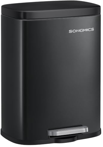 SONGMICS Cubo de Basura con Pedal, Papelera de Baño de Acero, 12 L, Cierre Suave, con Cubo Interior Extraíble, 38,4 x 28,6 x 25,2 cm, Negro, para Baño y Oficina, Colección Plushic LTB112BZ02