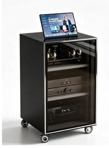 Mediakabinett med Justerbara Hyllor, AV-utrustning Skåp Display Stand | MediaföRvaringsskåP med HäRdat GlasdöRr, Av-StäLl for Vardagsrum/SpelinstäLlning(Black,2 block layer)