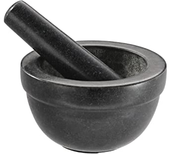 RÖSLE Granitmörser, Hochwertiger Steinmörser mit Stößel für Kräuter, Gewürze, Currypasten oder Pesto, Anti-Rutsch-Boden, schwarzer Granitstein, 13.5 x 13.5 x 8.1 cm, Grau