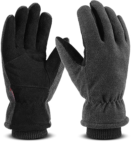 OZERO Thermo Handschuhe,Leder Warme Winter Handschuhe zum Laufen,1 Paar, Grau, L