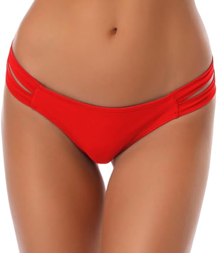 SHEKINI Damen Niedrige Taille Bikini Bottom Bademode Tanga Bikinihose Chic Aushöhlen Brazilian Bikini Slip (S,Rot)
