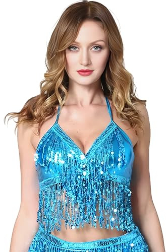 Baisdan Haut à Paillettes Femme, Top Paillette avec Franges, Soutien Gorge Scintillant Nuque pour Danses du Ventre, Festivals et Soirées Bleu Ciel