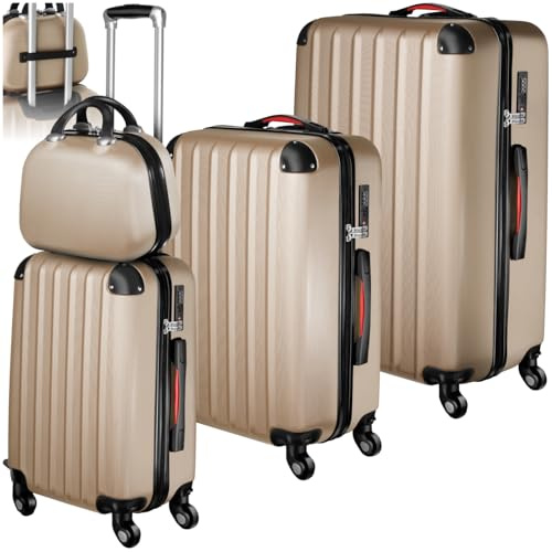 tectake Lot de 4 Valises de Voyage Valise Grande Taille Valise Cabine Valise soute Multifonction en ABS Polypropylène, Valise de Voyage à roulettes Valise avec Trousse de Toilette - Champagne