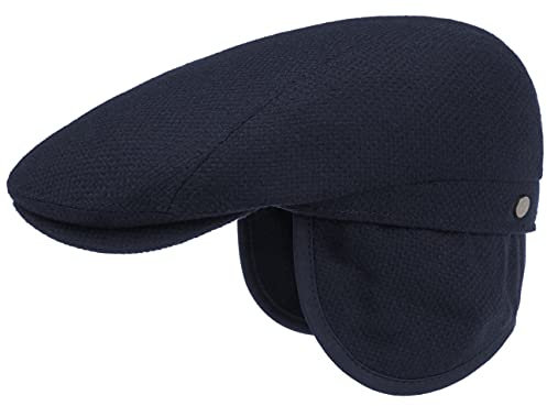 LIERYS John Wool Flatcap mit Ohrenklappen aus Wolle mit Kaschmir und Baumwolle mit Futter aus Baumwolle Herbst Winter Made in EU blau 55 cm