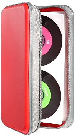 DVSICK CD Case, 96 Capacity CD/DVD Case Hard Plastic Case Holder CD Holder Organizer Wallet Protective DVD Holder Storage (Red)