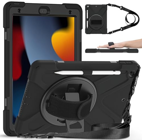 Gerutek Hülle für iPad 10,2 Zoll (iPad 9./8./7. Generation), Stoßfeste Robust Panzerhülle mit Pencil Halter, Drehbar Stände, Handschlaufe Schultergurt Schutzhülle für iPad 10.2 2021/2020/2019, Schwarz | Robuste iPad-Hülle der 9. Generation mit 360° drehbarem Ständer und Handschlaufe, Schultergurt, Stifthalter, Schutzhülle