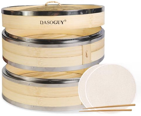 Dasoguy Vaporiera in bambù fatta a mano da 10,6 pollici con Anelli di metallo intero, cestello a vapore a due livelli per gnocchi di riso dim sum, 1 set di bacchette e 2 fodere in cotone