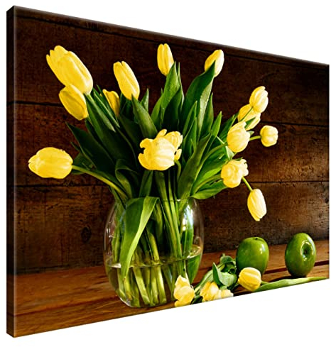 Estika Leinwand bilder - Gelbe Tulpen in Glasvase - 90x60 cm, 1 teilige kunstdruck - Wandbilder wohnzimmer, schlafzimmer, Moderne wanddeko, Bild auf leinwand - Blumen bilder - 2154A_1L